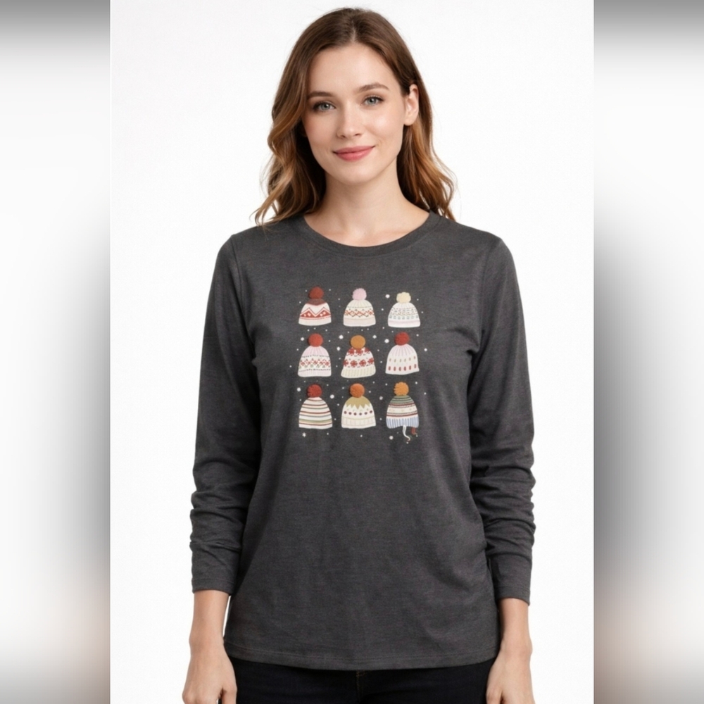 Croft & Barrow Gray Classic T, Long Sleeve with Winter Beanie Hats, Size XXL